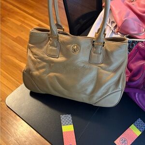 Tory Burch Tan Leather Shoulder Bag with Structured Handles